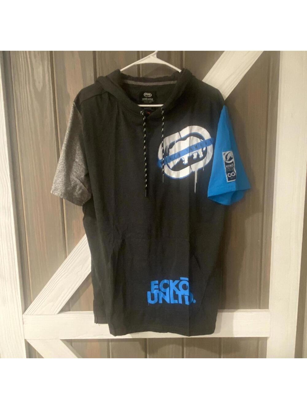 Ecko Unltd. Black Short Sleeve Hoodie w/ Multi-color Sleeves - Large